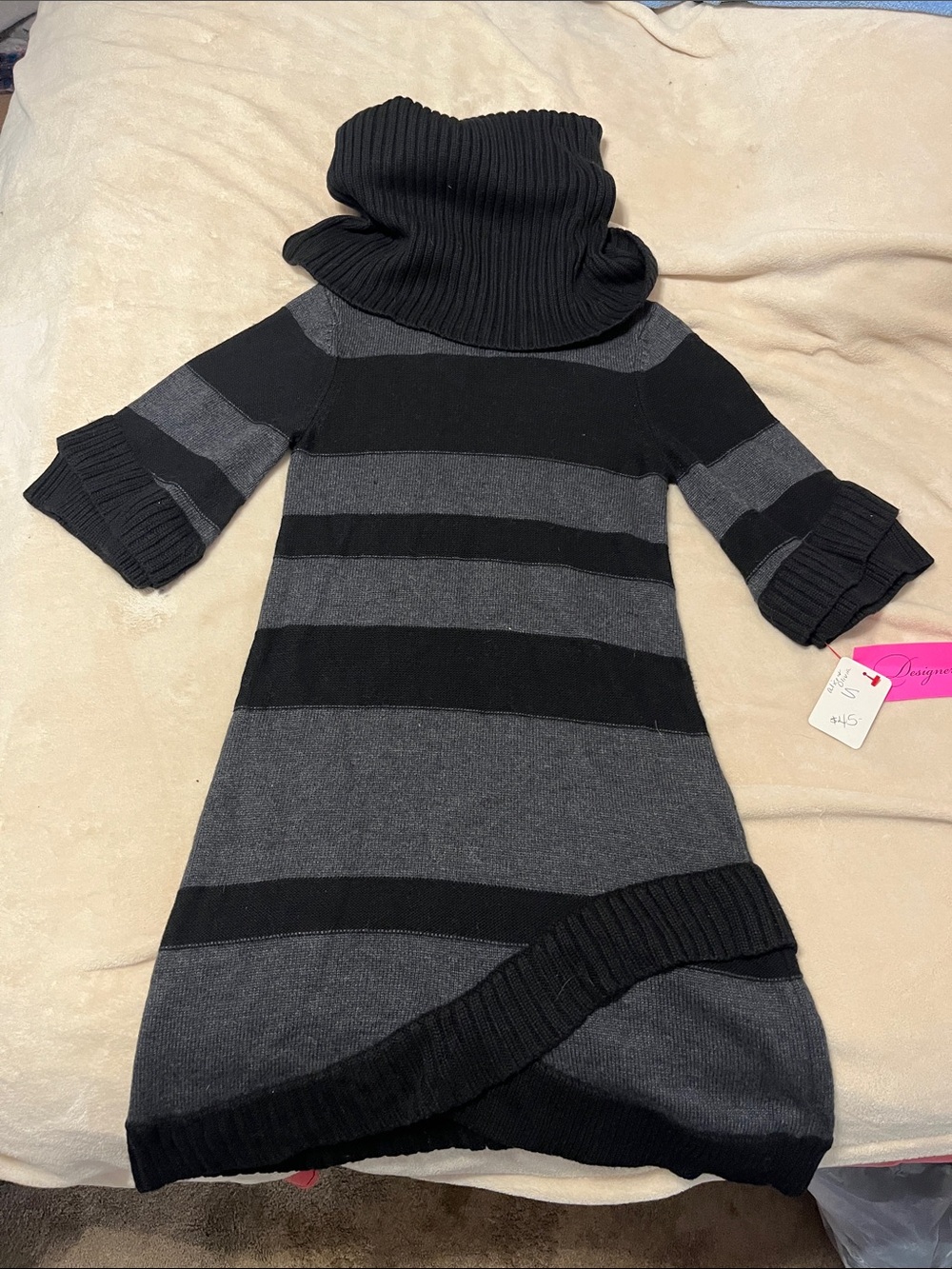 Alice + Olivia Black and Gray Striped Turtleneck Knit Dress
